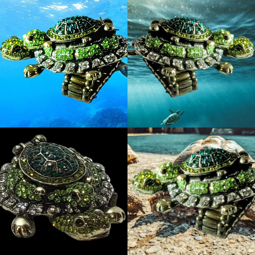 Turtle mother with baby on her back and green Iced out ring watch